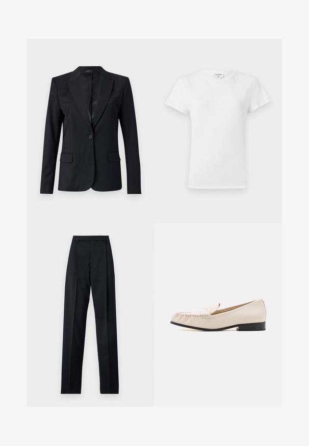 Black blazer featuring a notched collar, single button closure, two front pockets, and a sleek, tailored design. Smooth texture with a minimalist look.; White cotton t-shirt with a crew neckline and short sleeves, featuring a relaxed fit and minimalistic design. Tag visible at the neck.; Black trousers made from smooth fabric featuring a high waist, wide legs, front pleats, and classic belt loops. No side pockets visible.; MICHAEL Michael Kors CARLSON LOAFER - Slip-ons - light cream