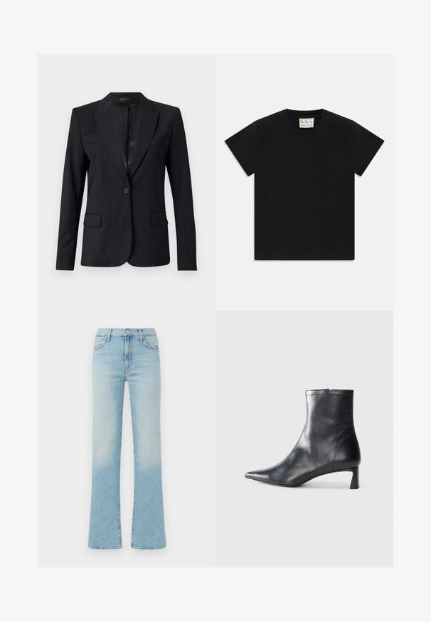 Melnā žakete ar iegrieztu apkakli, vienu pogu, divām priekšējām kabatām un elegantu, piegriezto dizainu. Gluda tekstūra ar minimālistisku izskatu.; Melns īsām piedurknēm kreklus ar balto uzlīmi iekšā apkaklītē, kas apzīmēta ar "D.R.C. EST. 2002" uz baltas fona.; Gaišzili bikses ar platām kājām, izgatavotas no denima, ar augstu jostasvietu, piecu kabatu dizainu un izbalējušu apdari, lai radītu nostalģisku efektu.; Melnas ādas potītes zābaki ar norādītu pirkstu un elegantu dizainu. Iezīmē zemu papēdi un rāvējslēdzēja aizdari aizmugurē. Gluda tekstūra.