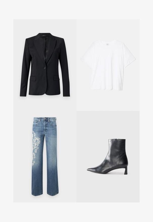 Juodas švarkas su išpjautu apykakliu, vieno mygtuko uždarymu, dviem priekinėmis kišenėmis ir elegantišku, pritaikytu dizainu. Lygus tekstūra ir minimalistinis stilius.; Balta medvilnės marškinėliai trumpomis rankovėmis, apvalia iškirpte, laisvo kirpimo ir su siūtu kraštu. Etiketė matoma vidinėje iškirptės pusėje.; Šviesiai mėlyni džinsai su laisvu siluetu, kuriuose kairiajame kojoje yra baltų siuvinėtų spiralų. Tiesūs džinsai su klasikiniu penkių kišenių dizainu.; Juodas odinis kulkšninis batas su smailiu pirštu ir elegantišku dizainu. Turi žemą kulną ir užtrauktuką gale. Lygi tekstūra.