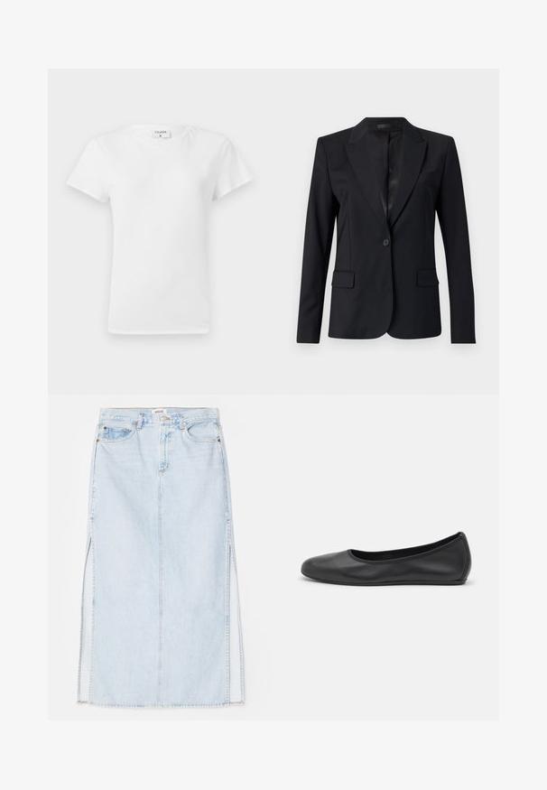 Black blazer featuring a notched collar, single button closure, two front pockets, and a sleek, tailored design. Smooth texture with a minimalist look.; White cotton t-shirt with a crew neckline and short sleeves, featuring a relaxed fit and minimalistic design. Tag visible at the neck.; Light blue denim maxi skirt with a straight cut, featuring side slits and five-pocket design. Prominent stitching and metal button closure.; Black leather ballet flat with a rounded toe, smooth texture, minimal stitching detail, and a flexible sole design.