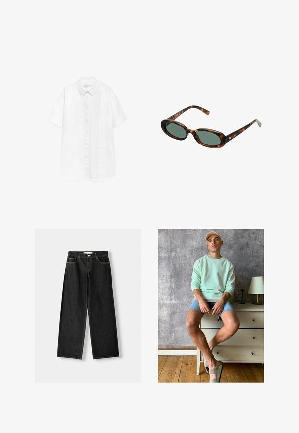Bershka CROPPED - Giacca di jeans - royal blue; ADOLFO DOMINGUEZ Camicia - white; Jeans larghi in denim nero con cinque tasche, chiusura con bottone metallico e zip, e cuciture gialle a contrasto lungo le cuciture.; Felpa verde menta, shorts in denim e scarpe slip-on verde oliva. Seduto su un comò chiaro contro un muro grigio texturizzato.; Occhiali da sole tartarugati con montatura ovale e lenti verdi. Presentano aste sottili con un accento metallico vicino alle cerniere.