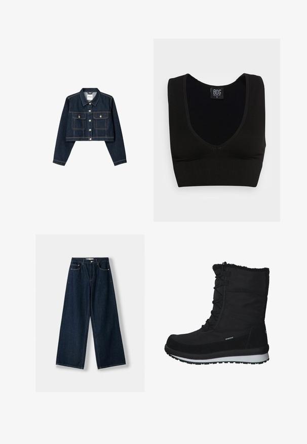 Bershka CROPPED - Giacca di jeans - royal blue; Top a coste nero corto con spalline larghe e scollatura a V profonda. L'etichetta riporta "BDG", taglia piccola, con una texture liscia e design aderente.; Jeans larghi blu scuro in denim. Presentano cinque tasche, una chiusura con bottone e cerniera, e dettagli di cuciture a contrasto.; CMP HARMA SNOW WP - Stivali da neve - schwarz