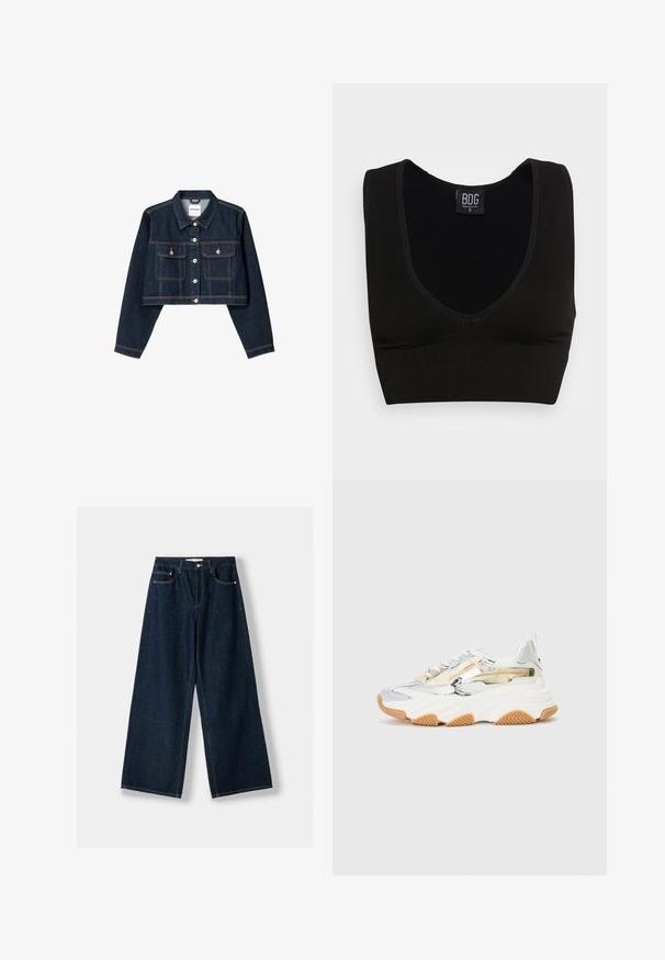 Bershka CROPPED - Spijkerjas - royal blue; Zwarte geribde crop top met brede bandjes en een diepe V-halslijn. Labels lezen "BDG," maat small, met een gladde textuur en een aansluitend ontwerp.; Donkerblauwe, wijde spijkerbroek van denim. Beschikt over vijf zakken, een knoop- en ritssluiting, en contrasterende stiksels.; Chunky sneakers van zilver en witte mesh, met een textuur rubberen zool, decoratieve ritsen en een gumrubberen buitenzool.