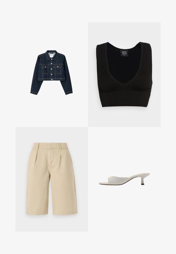 Bershka CROPPED - Denimová bunda - royal blue; Čierny rebrovaný crop top s širokými ramienkami a hlbokým V-výstrihom. Štítok znie "BDG," veľkosť malá, s hladkou textúrou a priliehavým strihom.; Béžové bavlnené šortky s voľným strihom, vybavené prednými sklady a bočnými vreckami, končiace tesne nad kolenami s čistým lemom.; Biele sandále s otvorenými prstami a zakriveným dizajnom, s nízkym podpätkom, hladkou textúrou a jemným prešitým vzorom. Hnedý akcent na základni podpätku.