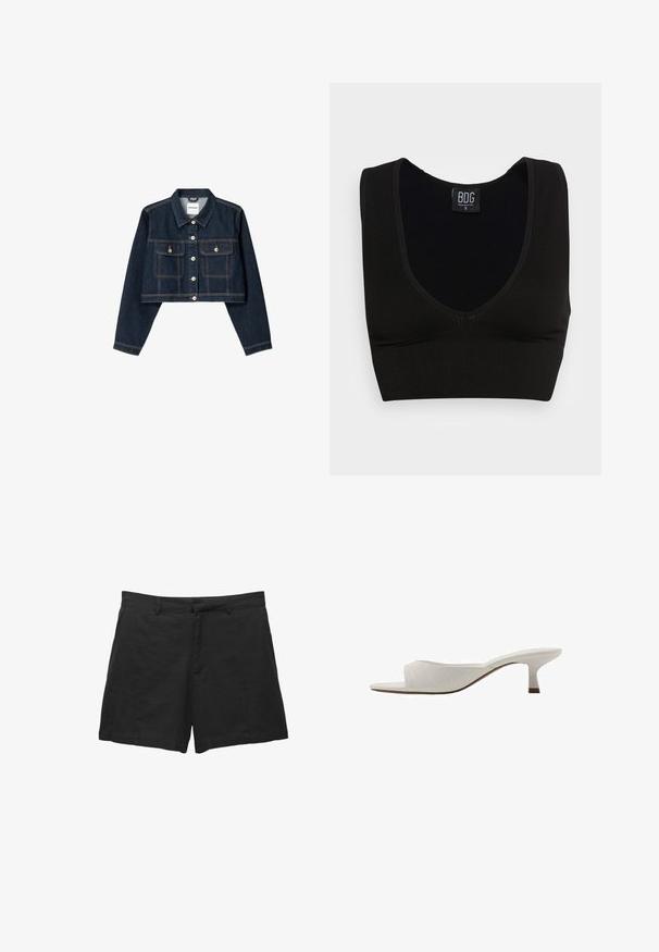 Bershka CROPPED - Traper jakna - royal blue; Crna rebrasta kratka majica s širokim naramenicama i dubokim V-izrezom. Oznaka nosi natpis "BDG," veličina mala, s glatkom teksturom i prilagođenim dizajnom.; Crne lanene kratke hlače s krojem, ravnim prednjim dijelom, petljama za remen i bočnim džepovima. Glatka tekstura s čistim rubom.; Bijele otvorene mule s zakrivljenim dizajnom, niskom petom, glatkom teksturom i suptilnim šavnim uzorkom. Smeđi naglasak na bazi pete.