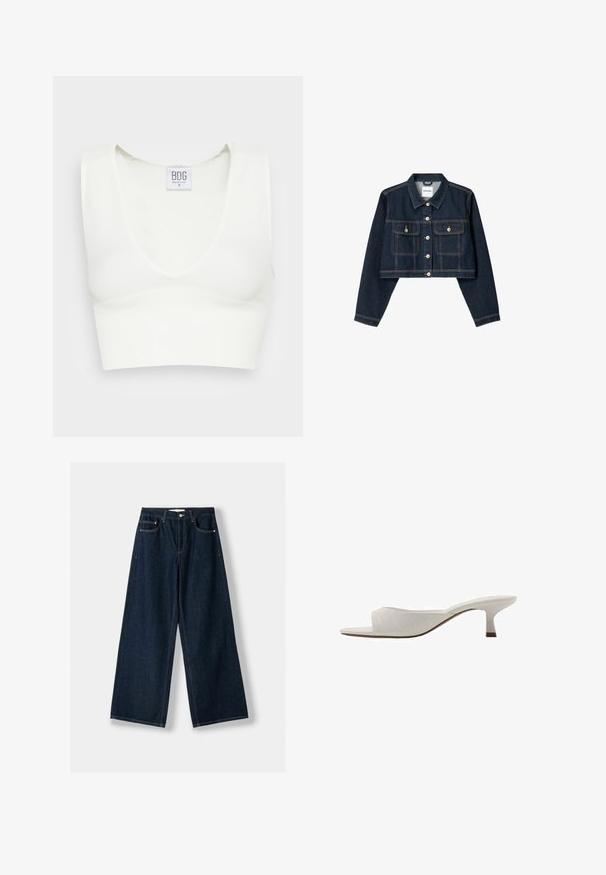 Bershka CROPPED - Denim jacket - royal blue; White ribbed crop top with a deep V-neckline and wide shoulder straps. Tag visible with brand name "BDG" and size "S." Smooth texture.; Dark blue, wide-leg jeans made of denim. Features five pockets, a button and zipper closure, and contrast stitching details.; White open-toed mules with a curved design, low heel, smooth texture, and a subtle stitched pattern. Brown accent on heel base.