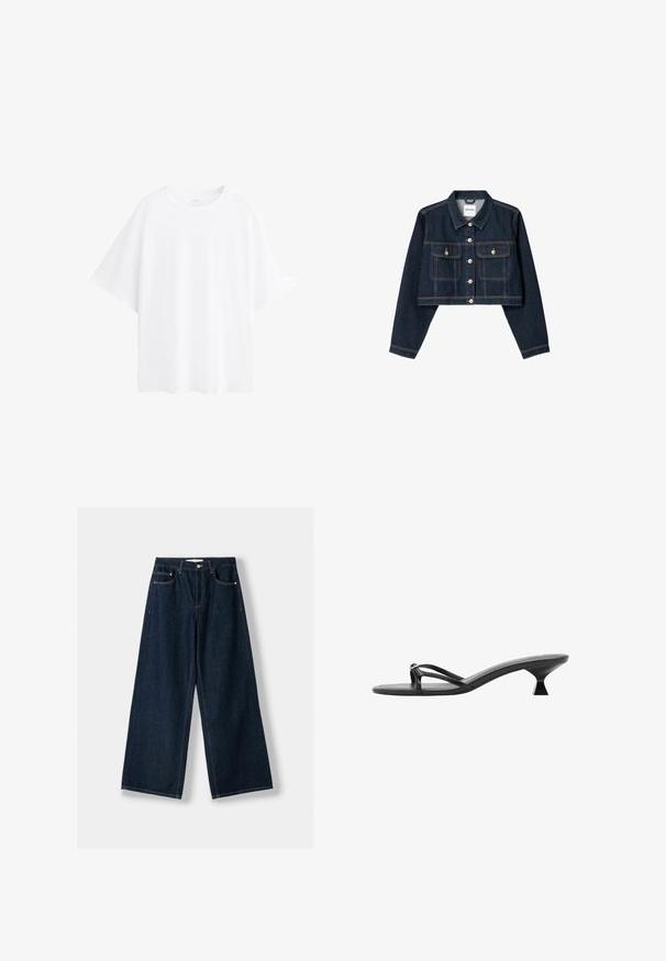 Bershka CROPPED - Denim jacket - royal blue; White oversized T-shirt made of cotton, featuring short sleeves, a round neckline, and a smooth texture. No patterns or accents.; Dark blue, wide-leg jeans made of denim. Features five pockets, a button and zipper closure, and contrast stitching details.; Black heeled sandals featuring a sleek design, thin straps, and a unique triangular heel. Smooth texture with a minimalistic look.
