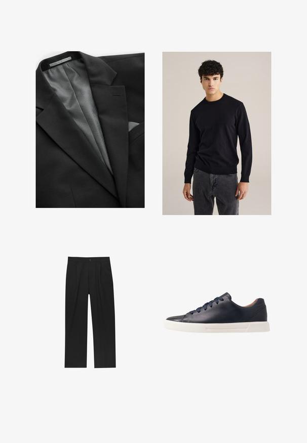 Black suit jacket with a smooth exterior, featuring a geometric patterned gray lining, a single breast pocket, and understated lapels.; Black cotton crewneck sweater with long sleeves, ribbed cuffs, and hem; paired with gray jeans. Simple, fitted design without patterns.; Young man with curly light brown hair wearing black short-sleeve t-shirt and gray pants, looking to his left with hands in pockets.; Black pants with a straight-leg design, made from a smooth fabric. Features front pleats and a single button closure at the waist.; Navy leather sneakers with a smooth finish, flat white rubber sole, round toe, and six navy laces threaded through round eyelets.