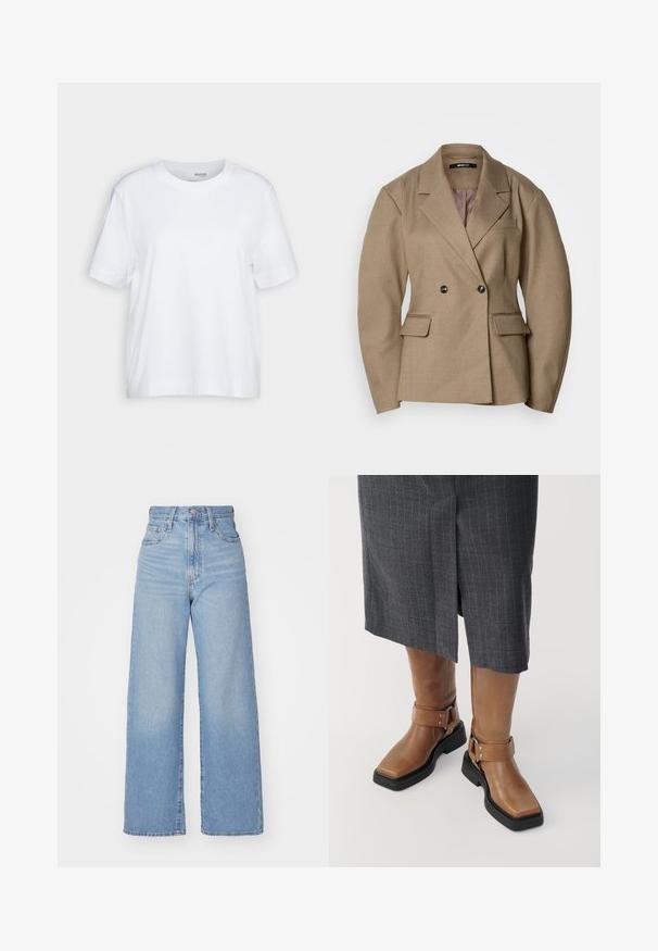 Brown double-breasted blazer made of textured fabric, featuring a notched collar, flap pockets, and smooth inner lining.; White short-sleeve t-shirt, crew neck, made of soft, smooth cotton fabric, with a straight hem and minimal detailing. Plain and versatile design.; Light blue high-waist wide-leg jeans with front button and zip closure, front and back pockets, on a white background.; Brown leather knee-high boots with a square toe, black rubber sole, and adjustable buckle strap detail. Worn with a gray pinstripe skirt.