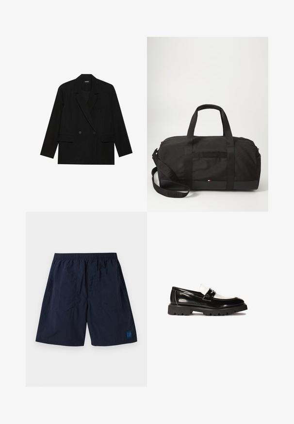 Čierny blazer vyrobený z hladkej látky, s dvojradovým uzatváraním, klobúkovými reverzami, dvoma prednými vreckami a jedným vreckom na hrudi.; Biela bavlnená košeľa s dlhým rukávom a gombíkmi na golieri, ľavý prsný vrecko a malé modré logo na dolnej ľavej strane.; Námornícke modré šortky vyrobené z ľahkého materiálu s elastickým pásom a malým štvorcovým logom GAP v pravom dolnom rohu.; Čierne lakované kožené mokasíny s bielym koženým akcentom, hrubou čiernou gumovou podrážkou a prešívaním. Hladký povrch s lesklým povrchom.; Čierna športová taška vyrobená z odolnej látky, s dvojitými rukoväťami, odnímateľným popruhom, zipsovým zapínaním a malým logom na spodnej časti.; Strieborný náhrdelník s reťazou, ktorý má hrubé články a centrálny kruhový pendant s zložitými detailmi. Hladký, odrazový povrch z kovu.