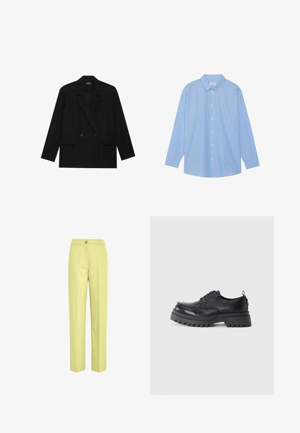 Zwarte blazer van gladde stof, met een dubbelchemise ontwerp, notch revers, twee voorkruimelpockets en één borstzak.; Blauw-wit gestreepte lange mouwen shirt met een klassieke kraag, knoopsluiting aan de voorkant en afgeronde zoom. Gemaakt van een lichtgewicht stof.; Lichtgele wijde broek gemaakt van een gladde stof, met een enkele knoopsluiting en een vlakke voorkant.; Zwarte chunky leren veterschoen met dikke robuuste zool en metalen oogjes op de neus, gefotografeerd tegen een effen lichte achtergrond.