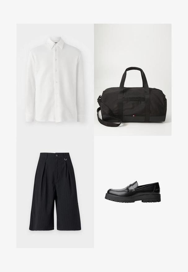 Čierny blazer vyrobený z hladkej látky, s dvojradovým uzatváraním, klobúkovými reverzami, dvoma prednými vreckami a jedným vreckom na hrudi.; Biela košeľa s gombíkmi vyrobená z textúrovanej látky. Má klasický golier, dlhé rukávy a šesť predných gombíkov. Mäkky a ľahký dizajn.; Čierne krátke nohavice s prúžkami, záhybmi, zapínaním na gombík a kovovým krúžkom ako dekoráciou. Hladká tkanina s presným strihom a dĺžkou po koleno.; Čierne kožené mokasíny s masívnou podrážkou a dekoratívnym pásom cez hornú časť, zobrazené z ľavého bočného profilu na bielom pozadí.; Čierna športová taška vyrobená z odolnej látky, s dvojitými rukoväťami, odnímateľným popruhom, zipsovým zapínaním a malým logom na spodnej časti.
