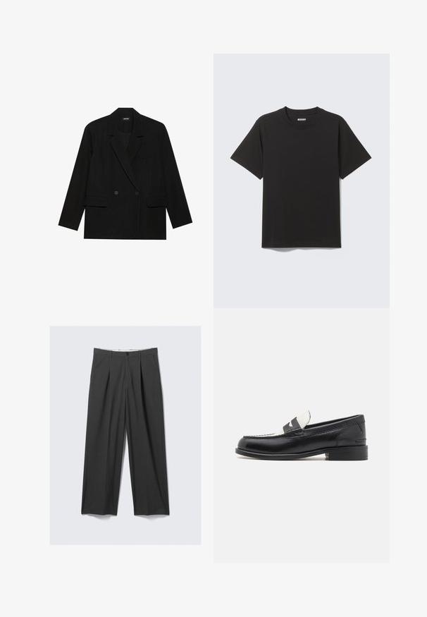 Schwarzer Blazer aus glattem Stoff, mit doppelreihiger Knopfleiste, Reverskragen, zwei Fronttaschen und einer Brusttasche.; Schwarzes T-Shirt mit kurzen Ärmeln aus weicher Baumwolle, mit rundem Ausschnitt und einfachem Design ohne Muster oder Akzente.; Graue, weit geschnittene Hosen mit Falten. Aus einem glatten Stoff gefertigt, mit einem Frontknopfverschluss und Gürtelschlaufen. Flach geschnittenes Design.; Clarks CRAFTJAMES LO - Business-Slipper - black