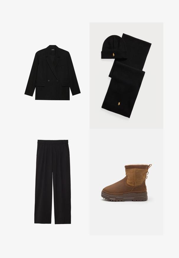 Črn blazer iz gladkega materiala, z dvojnim zapenjanjem, zareznimi ovratniki, dvema sprednjima žepoma in enim žepom na prsih.; Crna majica s kratkimi rokavi iz bombaža. Ima okroglo ovratnik in sproščen kroj. Preprost dizajn brez vzorcev ali poudarkov.; Črne široke hlače z nabranim sprednjim delom, stranskimi žepi in gladko teksturo tkanine. Oblikovane za sproščen kroj.; Rjave antilopne gležnjarje z mehkobo krzneno podlogo, trdim gumijastim podplatom in dekorativnimi bočnimi zankami za enostavno obuvanje. Teksturni finiš na zgornjem delu.; Črn pleteni klobuček in šal. Ima rebrasto teksturo in zlate logotipne detajle. Mehka tkanina s pregledenim dizajnom, primerna za hladno vreme.