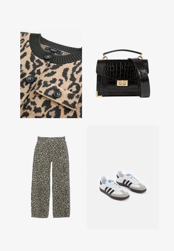 Olivgrüner Blazer mit spitzem Revers, zwei Vordertaschen und offenem Design. Hergestellt aus einem glatten Stoff mit taillierter Passform.; Beiger Pullover mit schwarzem Leopardenmuster, geripptem schwarzen Ausschnitt und schwarzen Knöpfen; ausgestattet mit einer Brusttasche mit Klappe.; Schwarzer Baumwollstoff mit glatter Textur und Rundhalsausschnitt, der ein dezentes, gleichmäßiges Strukturmuster aufweist. Keine sichtbaren Logos oder Akzente.; Leopardenmuster weite Hosen in einem neutralen Beige- und Schwarzfarbschema. Verfügt über eine hohe Taille, fünf Taschen und einen Knopfverschluss.; Sportschuhe mit einem Obermaterial aus weißem Leder, grauer Wildleder-Zehenkappe und drei schwarzen Streifen. Sie verfügen über ein blaues Logo auf der Zunge und eine strukturierte Gummisohle.; Schwarz lackierte Handtasche mit Krokodilstruktur, goldfarbenen Hardware, einem oberen Griff und einem abnehmbaren Schulterriemen. Rechteckige Form mit Klappenverschluss.