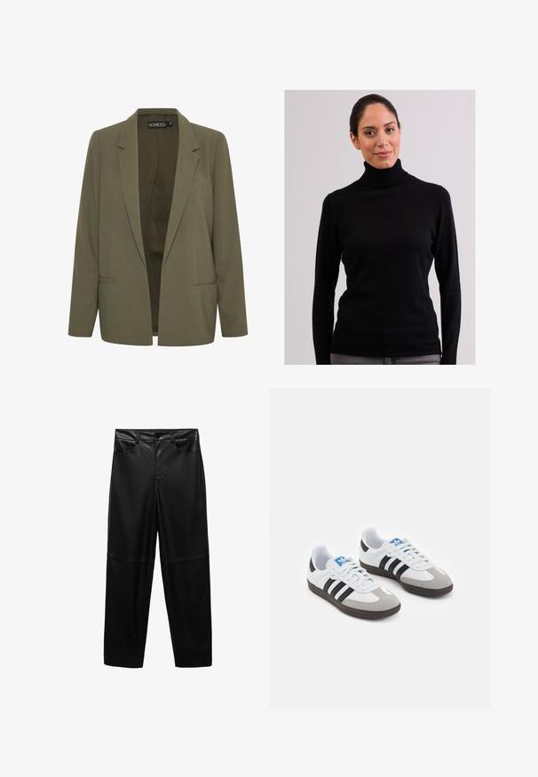 Olijfgroene blazer met een geknipte revers, twee zijzakken en een open voorkant. Gemaakt van een gladde stof met een getailleerde pasvorm.; CASH-MERE CASH-MERE ROLLKRAGEN PULLOVER - Trui - schwarz; Zwarte nep leren broek met een rechte pasvorm, voorzien van twee zijzakken en een gladde, matte textuur.; Sportschoenen met een witte leren bovenkant, grijze suède neus en drie zwarte strepen. Bevat een blauw logo op de tong en een gestructureerde rubberen zool.