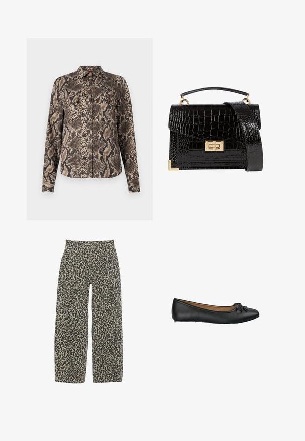 Olive green blazer with a notched lapel, two front pockets, and an open front design. Made from a smooth fabric with a tailored fit.; Brown and beige long-sleeve shirt with a snake print pattern, featuring a button-down front and two chest pockets. Soft fabric texture.; Leopard print wide-leg trousers in a neutral beige and black color scheme. Features a high waist, five pockets, and button closure.; Black leather ballet flats with a rounded toe and a small bow detail on the front. Smooth texture and a flat sole design.; Black patent leather handbag with a crocodile texture, gold hardware, a top handle, and a detachable shoulder strap. Rectangular shape with a flap closure.