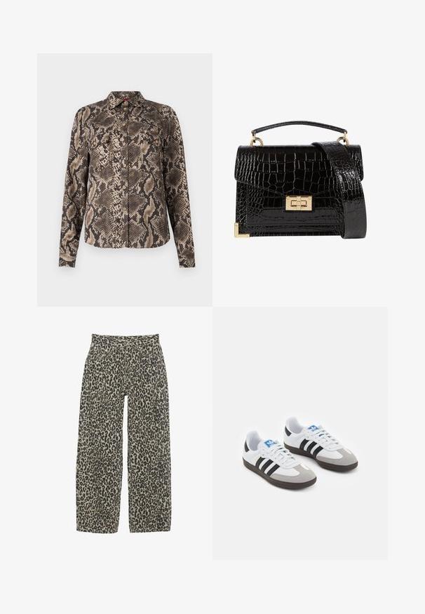 Olivgrüner Blazer mit spitzem Revers, zwei Vordertaschen und offenem Design. Hergestellt aus einem glatten Stoff mit taillierter Passform.; Braunes und beiges Langarmhemd mit einem Schlangenmuster, mit einer durchgehenden Knopfleiste und zwei Brusttaschen. Weiche Stofftextur.; Leopardenmuster weite Hosen in einem neutralen Beige- und Schwarzfarbschema. Verfügt über eine hohe Taille, fünf Taschen und einen Knopfverschluss.; Sportschuhe mit einem Obermaterial aus weißem Leder, grauer Wildleder-Zehenkappe und drei schwarzen Streifen. Sie verfügen über ein blaues Logo auf der Zunge und eine strukturierte Gummisohle.; Schwarz lackierte Handtasche mit Krokodilstruktur, goldfarbenen Hardware, einem oberen Griff und einem abnehmbaren Schulterriemen. Rechteckige Form mit Klappenverschluss.