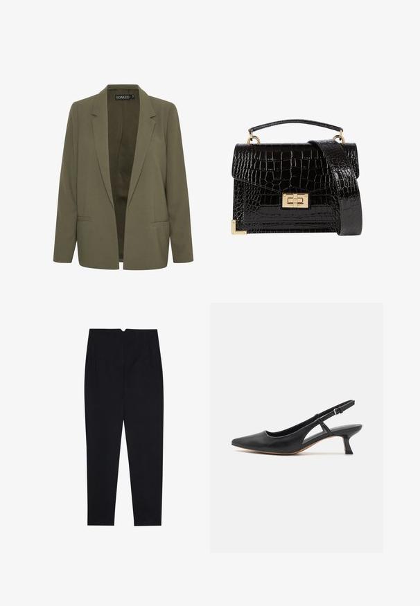 Olivgrüner Blazer mit spitzem Revers, zwei Vordertaschen und offenem Design. Hergestellt aus einem glatten Stoff mit taillierter Passform.; Schwarzer Baumwollstoff mit glatter Textur und Rundhalsausschnitt, der ein dezentes, gleichmäßiges Strukturmuster aufweist. Keine sichtbaren Logos oder Akzente.; Schwarze Hosen aus einem strukturierten Stoff, mit flachem Bund, seitlichen Taschen und einem geraden Bein mit mittelhohem Bund.; Schwarzer Leder-Slingback-Schuh mit spitzem Zehenbereich, niedrigem Blockabsatz, ausgeschnittenem Seitendetail und verstellbarem Knöchelriemen. Glatte Textur über das gesamte Design.; Schwarz lackierte Handtasche mit Krokodilstruktur, goldfarbenen Hardware, einem oberen Griff und einem abnehmbaren Schulterriemen. Rechteckige Form mit Klappenverschluss.