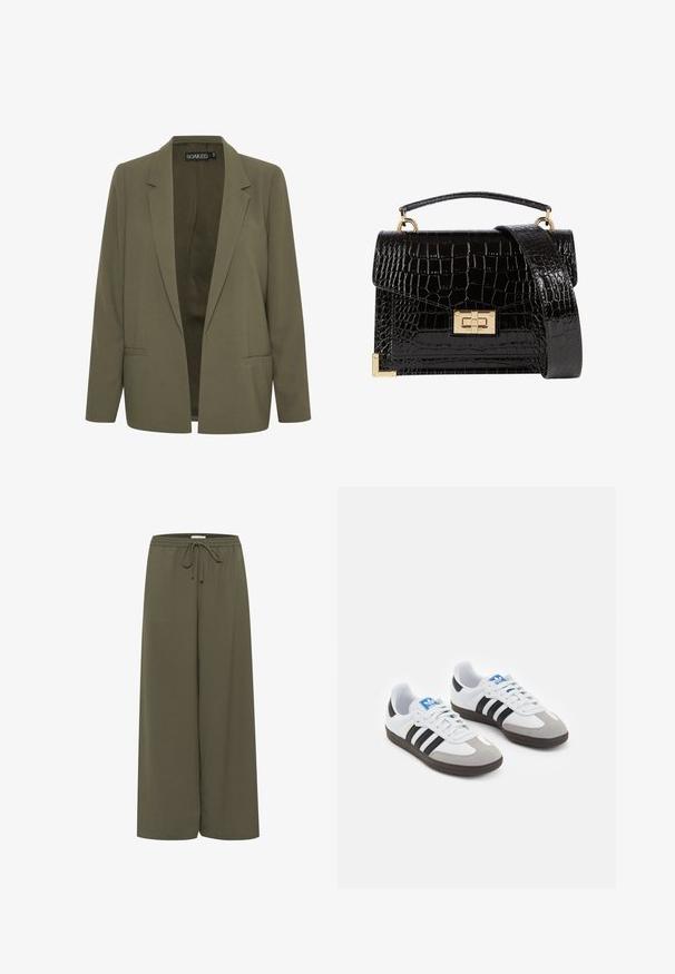 Olivgrüner Blazer mit spitzem Revers, zwei Vordertaschen und offenem Design. Hergestellt aus einem glatten Stoff mit taillierter Passform.; Schwarzer Baumwollstoff mit glatter Textur und Rundhalsausschnitt, der ein dezentes, gleichmäßiges Strukturmuster aufweist. Keine sichtbaren Logos oder Akzente.; Olivgrüne Schlaghose aus einem weichen Material, mit elastischem Bund, verstellbarem Kordelzug und ohne auffällige Muster oder Akzente.; Sportschuhe mit einem Obermaterial aus weißem Leder, grauer Wildleder-Zehenkappe und drei schwarzen Streifen. Sie verfügen über ein blaues Logo auf der Zunge und eine strukturierte Gummisohle.; Schwarz lackierte Handtasche mit Krokodilstruktur, goldfarbenen Hardware, einem oberen Griff und einem abnehmbaren Schulterriemen. Rechteckige Form mit Klappenverschluss.