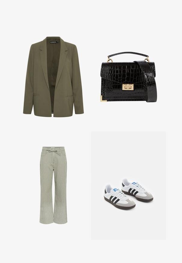 Olijfgroene blazer met een geknipte revers, twee zijzakken en een open voorkant. Gemaakt van een gladde stof met een getailleerde pasvorm.; Zwarte katoen stof met een soepele textuur en een ronde halslijn, met een subtiele, gelijkmatige nerfpatroon. Geen zichtbare logo's of accenten.; Gestreepte wijde pijpen broek in groen en wit, met een ceintuur, twee voorkruiden en een zachte stoftextuur.; Sportschoenen met een witte leren bovenkant, grijze suède neus en drie zwarte strepen. Bevat een blauw logo op de tong en een gestructureerde rubberen zool.; Zwarte patenten leren handtas met een krokodillenstructuur, gouden hardware, een bovenhandvat en een afneembare schouderband. Rechthoekige vorm met een klepafsluiting.