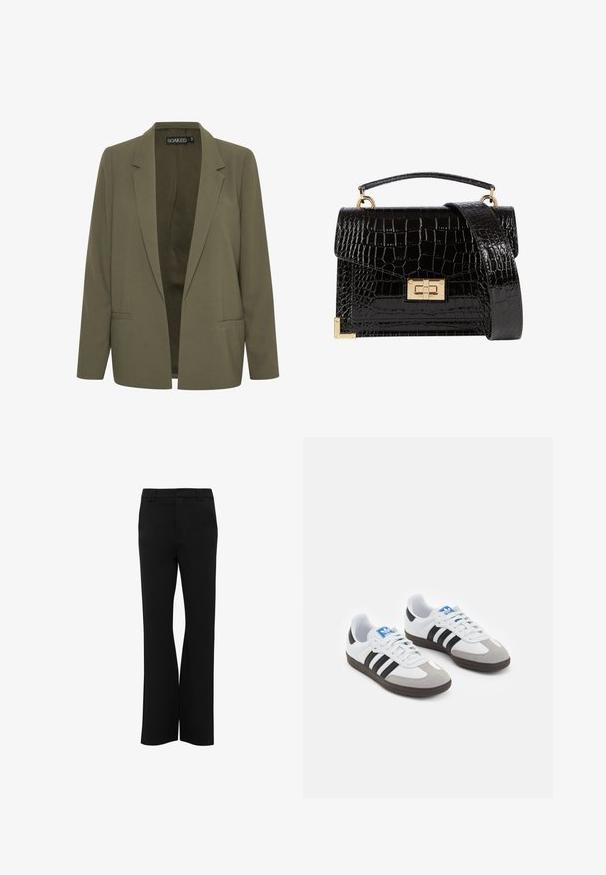 Olijfgroene blazer met een geknipte revers, twee zijzakken en een open voorkant. Gemaakt van een gladde stof met een getailleerde pasvorm.; Zwarte katoen stof met een soepele textuur en een ronde halslijn, met een subtiele, gelijkmatige nerfpatroon. Geen zichtbare logo's of accenten.; Zwarte broek met een rechte pijp, gemaakt van een soepele stof. Voorzien van riemlussen en een ritsluiting.; Sportschoenen met een witte leren bovenkant, grijze suède neus en drie zwarte strepen. Bevat een blauw logo op de tong en een gestructureerde rubberen zool.; Zwarte patenten leren handtas met een krokodillenstructuur, gouden hardware, een bovenhandvat en een afneembare schouderband. Rechthoekige vorm met een klepafsluiting.
