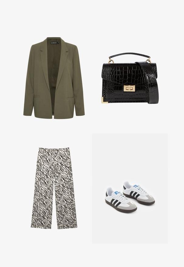 Oliven grønn blazer med en spiss krave, to frontlommer og et åbent frontdesign. Fremstillet af et glat stof med en skræddersyet pasform.; Sort bomuldsstof med glat struktur og rund halsudskæring, prydet med et subtilt, jævnt kornmønster. Ingen synlige logoer eller accenter.; Vidde bukser i en let stof med et sort og hvidt tigerstribet mønster. Elastisk talje med snøre detalje.; Sportsko med en overdel i hvid læder, grå ruskind på tåen og tre sorte striber. Har et blåt logo på tungen og en struktureret gummisål.; Sort lakeret håndtaske med krokodillemønster, guldbeslag, en top-håndtag og en aftagelig skulderrem. Firkantet form med klaplukning.
