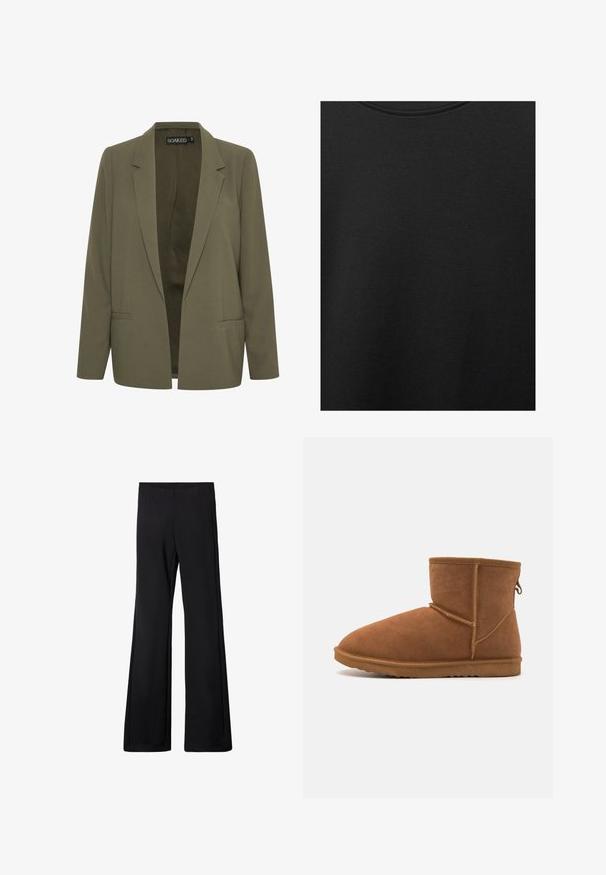 Blazer vert olive avec un col cranté, deux poches avant et un design ouvert. Fabriqué à partir d'un tissu lisse avec une coupe ajustée.; Tissu en coton noir avec une texture lisse et un col rond, présentant un motif grainé subtil et uniforme. Pas de logos ou d'accents visibles.; Pantalons noirs évasés avec une taille élastique, fabriqués à partir d'un tissu doux et extensible, présentant une texture lisse et sans motifs ni matériel visible.; Bottine en suède marron avec un bout rond, semelle en caoutchouc flexible et des détails de coutures renforcées. Comprend une languette à l'arrière.