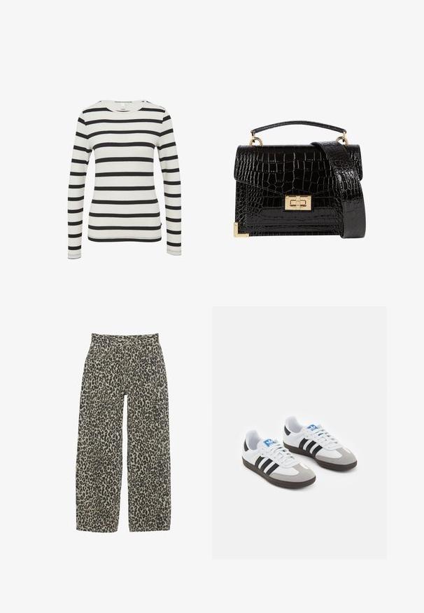 Olijfgroene blazer met een geknipte revers, twee zijzakken en een open voorkant. Gemaakt van een gladde stof met een getailleerde pasvorm.; Zwart-wit gestreepte lange mouw top, ronde halslijn, aansluitend ontwerp, zachte stof met zichtbare stiksels bij de manchetten en de zoom.; Leopardprint wijdere broek in een neutrale beige en zwarte kleurstelling. Kenmerken zijn een hoge taille, vijf zakken en een knoopsluiting.; Sportschoenen met een witte leren bovenkant, grijze suède neus en drie zwarte strepen. Bevat een blauw logo op de tong en een gestructureerde rubberen zool.; Zwarte patenten leren handtas met een krokodillenstructuur, gouden hardware, een bovenhandvat en een afneembare schouderband. Rechthoekige vorm met een klepafsluiting.