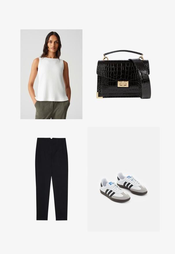 Blazer verde oliva con revers, due tasche frontali e design frontale aperto. Realizzato in un tessuto liscio con una vestibilità sartoriale.; Top bianco a coste senza maniche con scollatura rotonda, orlo leggermente svasato e tessuto texturizzato. Abbinato a pantaloni texturizzati verde oliva.; Pantaloni neri realizzati in un tessuto testurizzato, con un frontale piatto, tasche laterali e una vestibilità dritta con vita medio-alta.; Scarpe sportive con tomaia in pelle bianca, punta in suede grigia e tre strisce nere. Presentano un logo blu sulla linguetta e una suola in gomma testurizzata.; Borsa a tracolla nera in pelle verniciata con texture a coccodrillo, hardware dorato, manico superiore e una tracolla removibile. Forma rettangolare con chiusura a patta.