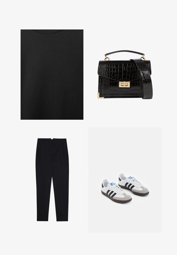 Oliven grønn blazer med en spiss krave, to frontlommer og et åbent frontdesign. Fremstillet af et glat stof med en skræddersyet pasform.; Sort bomuldsstof med glat struktur og rund halsudskæring, prydet med et subtilt, jævnt kornmønster. Ingen synlige logoer eller accenter.; Sorte bukser lavet af et struktureret stof, med flad front, sidelommer og lige ben med en mellem høj talje.; Sportsko med en overdel i hvid læder, grå ruskind på tåen og tre sorte striber. Har et blåt logo på tungen og en struktureret gummisål.; Sort lakeret håndtaske med krokodillemønster, guldbeslag, en top-håndtag og en aftagelig skulderrem. Firkantet form med klaplukning.