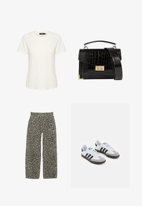 Olivgrüner Blazer mit spitzem Revers, zwei Vordertaschen und offenem Design. Hergestellt aus einem glatten Stoff mit taillierter Passform.; Weißes Baumwoll-T-Shirt mit kurzen Ärmeln und rundem Halsausschnitt. Enthält ein Etikett mit der Aufschrift "SOAKED" im Kragen. Schlichte, glatte Textur.; Leopardenmuster weite Hosen in einem neutralen Beige- und Schwarzfarbschema. Verfügt über eine hohe Taille, fünf Taschen und einen Knopfverschluss.; Sportschuhe mit einem Obermaterial aus weißem Leder, grauer Wildleder-Zehenkappe und drei schwarzen Streifen. Sie verfügen über ein blaues Logo auf der Zunge und eine strukturierte Gummisohle.; Schwarz lackierte Handtasche mit Krokodilstruktur, goldfarbenen Hardware, einem oberen Griff und einem abnehmbaren Schulterriemen. Rechteckige Form mit Klappenverschluss.