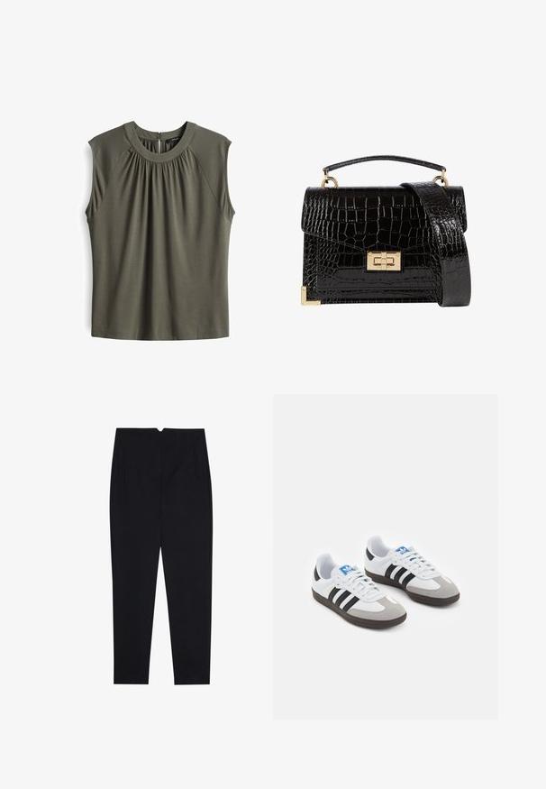 Olijfgroene blazer met een geknipte revers, twee zijzakken en een open voorkant. Gemaakt van een gladde stof met een getailleerde pasvorm.; Khaki groene mouwloze top met ronde hals, geplooide plooien aan de voorkant en een keyhole knoopsluiting aan de achterkant. Glad stoffen textuur.; Zwarte broek gemaakt van een gestructureerde stof, met een vlakke voorkant, zijzakken en een recht model met een middelhoog taille.; Sportschoenen met een witte leren bovenkant, grijze suède neus en drie zwarte strepen. Bevat een blauw logo op de tong en een gestructureerde rubberen zool.; Zwarte patenten leren handtas met een krokodillenstructuur, gouden hardware, een bovenhandvat en een afneembare schouderband. Rechthoekige vorm met een klepafsluiting.