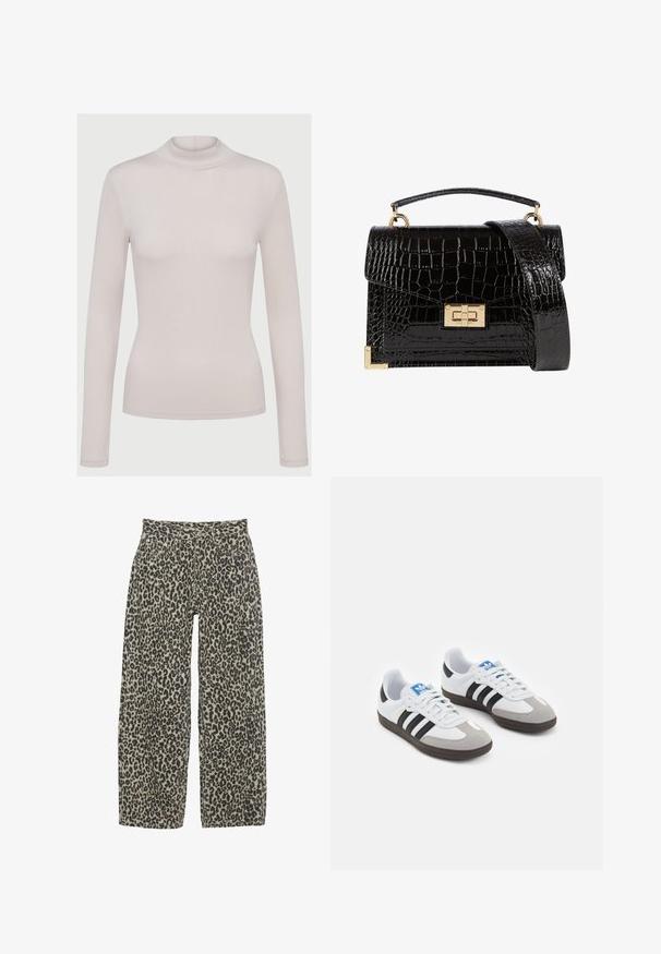 Olijfgroene blazer met een geknipte revers, twee zijzakken en een open voorkant. Gemaakt van een gladde stof met een getailleerde pasvorm.; Lichtbeige lange mouw turtleneck top gemaakt van een zachte, rekbare stof. Aansluitend ontwerp met een geribbelde textuur en standaard manchetten.; Leopardprint wijdere broek in een neutrale beige en zwarte kleurstelling. Kenmerken zijn een hoge taille, vijf zakken en een knoopsluiting.; Sportschoenen met een witte leren bovenkant, grijze suède neus en drie zwarte strepen. Bevat een blauw logo op de tong en een gestructureerde rubberen zool.; Zwarte patenten leren handtas met een krokodillenstructuur, gouden hardware, een bovenhandvat en een afneembare schouderband. Rechthoekige vorm met een klepafsluiting.