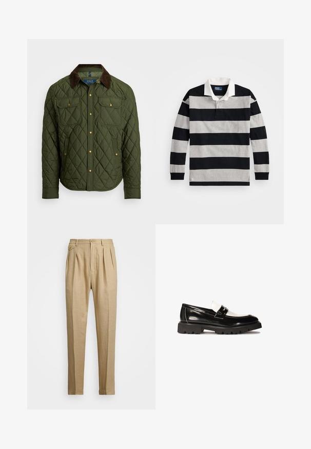 Polo Ralph Lauren THE BEATON QUILTED JACKET - Lengva striukė - company olive; Juodai pilkai juostota ilgomis rankovėmis polo marškelis su baltu apykakle ir maža logotipo detale apatinėje siūlėje. Švelni medvilnės medžiaga.; Bežinės lininės kelnės tiesaus kirpimo, turinčios dvi priekinės klostes, sagų užsegimą ir šonines kišenes. Tekstūruotas audinys su lygiu paviršiumi.; Juodos patentuotos odinės loafers su balta odine akcentais, storas juodas guminis padas ir siuvinėta detalizė. Lygus paviršius su blizgiu apdailos.