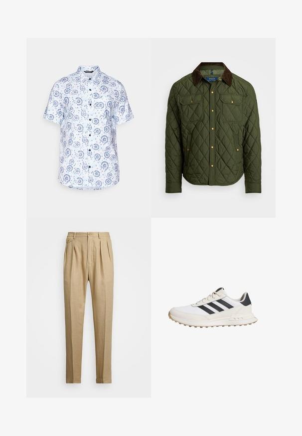 Polo Ralph Lauren THE BEATON QUILTED JACKET - Light jacket - company olive; Short-sleeve shirt in light blue fabric featuring a floral and circular pattern, button-up front, and pointed collar.; Beige linen trousers with a straight cut, featuring two front pleats, a button closure, and side pockets. Textured fabric with a smooth finish.; White athletic shoes with black stripes, featuring a textured rubber sole, smooth leather upper, and a padded collar for support.