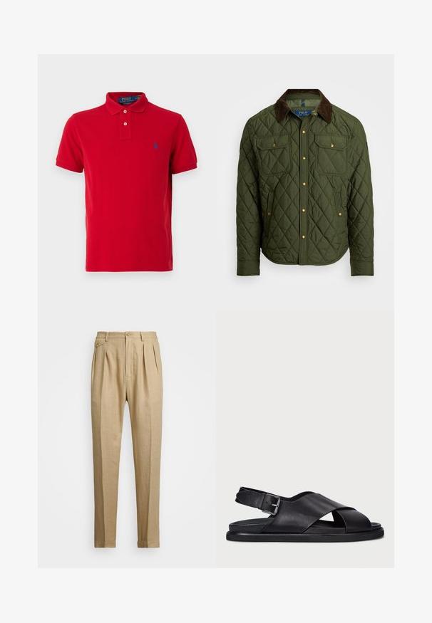 Polo Ralph Lauren THE BEATON QUILTED JACKET - Light jacket - company olive; Polo Ralph Lauren THE ICONIC MESH POLO SHIRT
 - Polo shirt - martin red; Beige linen trousers with a straight cut, featuring two front pleats, a button closure, and side pockets. Textured fabric with a smooth finish.; Polo Ralph Lauren ZANE LEATHER SANDAL - Sandals - black