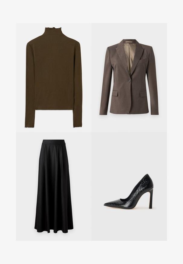 Vienkārša pogu tumši brūna piegrieztā blazera ar izgrieztiem atvērumiem, kabatu flap kabatām un krūšu kabatu, attēlota uz vienkārša balta fona.; Brūns garām piedurknēm ribota adīta krekla augšdaļa ar augstu apkakli un smalku salātu malu ap kaklu, piedurknēm un apakšmalu.; Melnas, grīdai pieguļošas svārki ar gludu tekstūru, platām jostām un pleitu dizainu, bez redzamām apdrukām vai rotājumiem.; Melni augstpapēžu apavi ar norādītu purngalu, ar krokodila ādas tekstūru, izceļoties ar elegantu dizainu, augstu stiletto papēdi un gludu melnu interjeru.
