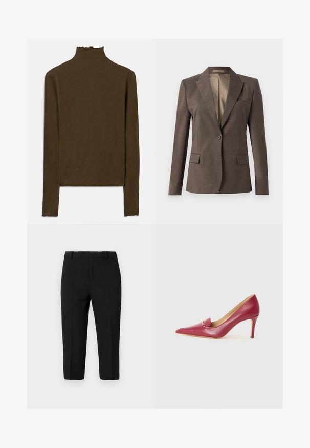 Ühe nupuga tumepruun kohandatud bleiser, millel on lõigatud krae, lõhekotid ja rinna lipukott, esitatud ühtlasele valgele taustale.; Pruun pikaa varrukat ribiseeritud kudum, millel on hulknurksärk ja peen lehtedegaäär kaelas, varrukate otstes ja alläärs.; Mustad kohandatud püksid, mis on valmistatud kergest materjalist, omavad siledat tekstuuri, sirget lõiget ja esikurte, et saavutada viimistletud välimus.; Punase nahklihased kõrged kontsad terava ninaga, millel on sile viimistlus, väikese klapi ja kuldse sisustuse detailiga kätel.