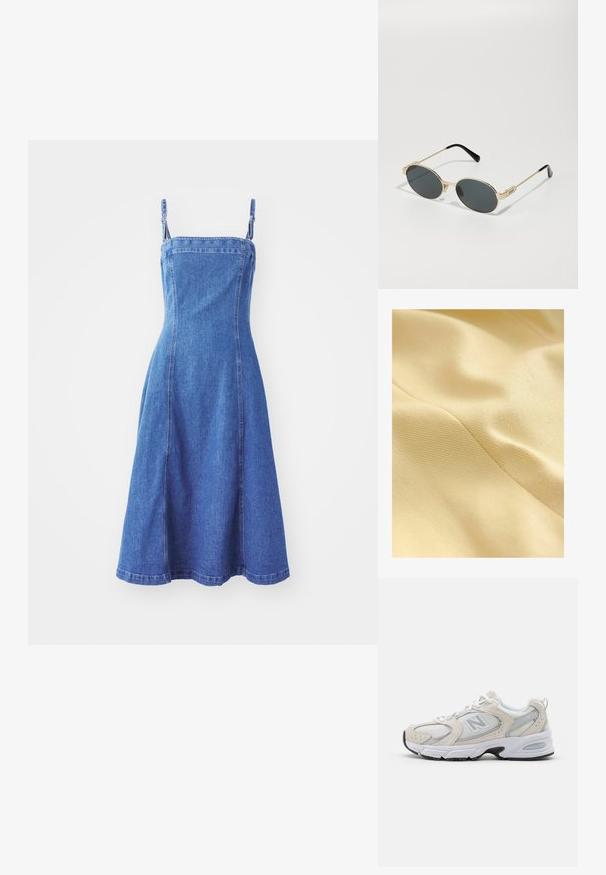 Țesătură de bumbac de culoare galben pal, având o suprafață texturată cu un luciu subtil și linii de cusături vizibile. Textură netedă și moale.; Rochie din denim cu un corset ajustat, bretele reglabile, fustă evazată, culoare albastru deschis și detalii vizibile ale cusăturilor. Textură netedă.; Pantof cu talpă sportivă, având un vârf din plasă gri deschis cu accente din piele nubuc, șireți albi și o talpă din cauciuc negru. Detalii notabile de amortizare ABZORB.; Ochelari de soare din metal aurit, cu lentile ovale și lentile întunecate. Vârfuri din acetat negru pe brațe. Numele brandului "QUAY" pe lateral.