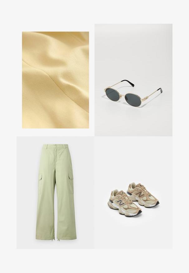 Bavlněná tkanina v jemně žluté barvě, s texturovaným povrchem a jemným leskem a viditelnými švy. Hladká a měkká textura.; Bílá jednobarevná bavlněná trička s kulatým výstřihem, krátkým rukávem a uvolněným střihem. Hladká textura bez vzorů nebo akcentů.; Světle zelené cargo kalhoty s širokými nohavicemi, vyrobené z bavlny. Mají dvě boční kapsy a zapínání na knoflík. Hladká textura a ležérní design.; Béžové tenisky vyrobené z materiálů síťoviny a semiše. Obsahují černé logo a texturované prvky. Silná bílá mezipodešev a černá gumová podrážka.; Zlaté sluneční brýle s oválnými skly a tmavými skly. Černé acetátové konce na nožičkách. Jméno značky "QUAY" na boku.