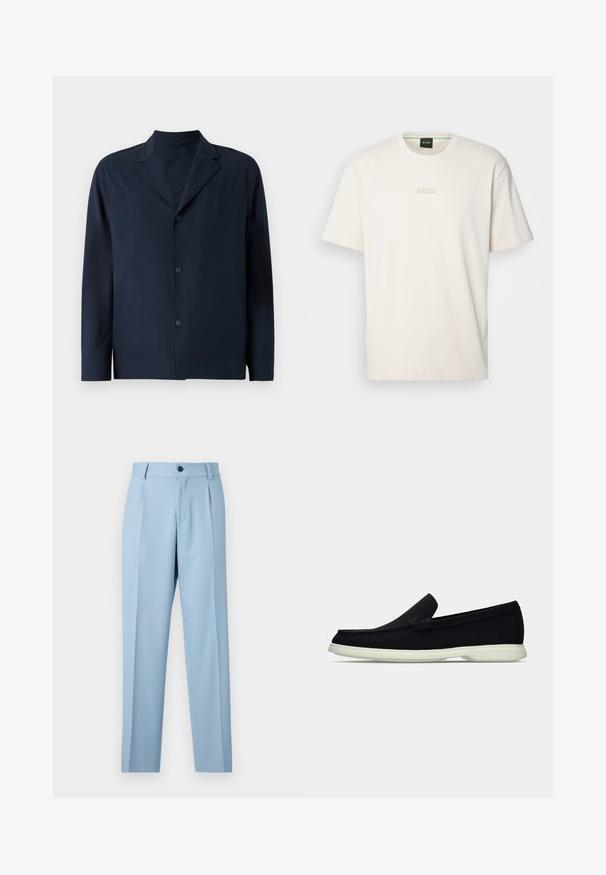 Tums zila jakas izgatavota no gludas auduma ar izgrieztu apkakli, garām piedurknēm un pieciem pogām priekšā slēgšanai.; BOSS TEE - Pamata T-krekls - open white; Gai zilo bikses, izgatavotas no gludas auduma, ar taisnu kāju dizainu, priekšējām šķirbām un vienu pogu aizdari jostasvietā.; Melna slīdnešuve ar noapaļu purngalu, ar teksturētu augšdaļu, gludu baltu zoli un diskrētu zīmola detalizāciju sānos.