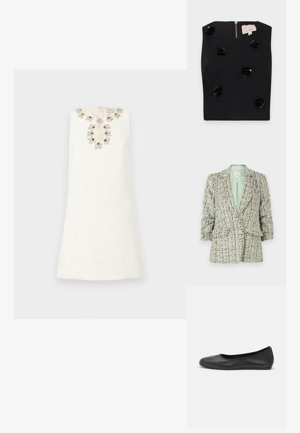 Textured green blazer made of woven fabric with multicolored flecks. Features a two-button closure and slightly puffed sleeves.; White dress with a textured fabric, featuring a floral bead-embroidered neckline and a keyhole detail at the front.; Black sleeveless top with square neckline, featuring sequin floral appliqués and a back zipper. Smooth fabric texture. Size small.; Black leather ballet flat with a rounded toe, smooth texture, minimal stitching detail, and a flexible sole design.