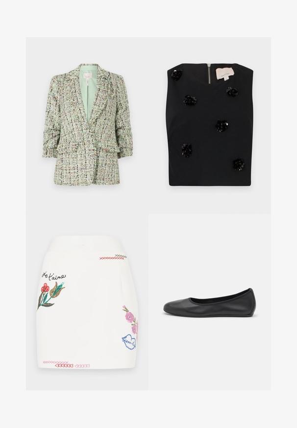 Zelena blazer z teksturo, izdelana iz tkanine z wove, obogatena z večbarvnimi odtenki. Ima zapiranje na dva gumba in rahlo napihnjene rokave.; Črn brezrokavnik z kvadratnim izrezom, ki ima aplikacije cvetov iz bleščic in zadrgo na hrbtni strani. Gladka tekstura tkanine. Velikost S.; Bela krila z barvitim cvetličnim vezenjem v roza, rdeči in zeleni barvi. Vsebuje okrasne šive na robu in frazo "Je t'aime."; Črne usnjene balerinke z zaobljenim nosom, gladko teksturo, minimalnimi šivi in fleksibilno zasnovo podplata.