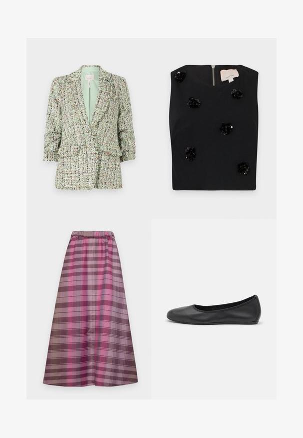 Blazer verde texturat, realizat dintr-un material țesut cu fire multicolore. Prezintă o închidere cu două nasturi și mâneci ușor bufante.; Top negru fără mâneci cu decolteu pătrat, decorat cu aplicații florale din mărgele și fermoar la spate. Textură de țesătură netedă. Mărimea mică.; Fustă lungă în carouri, cu nuanțe variate de roz, mov și maro. Fabricată dintr-un material neted, cu o talie elastică pentru confort.; Balerini din piele neagră, cu vârf rotund, textură netedă, detalii de cusătură minimale și un design al tălpii flexibil.
