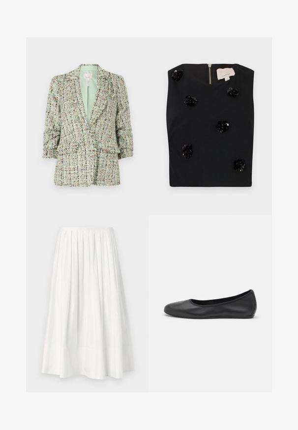 Υφαντό πράσινο σακάκι με υφή, διακοσμημένο με πολύχρωμα στίγματα. Διαθέτει κλείσιμο με δύο κουμπιά και ελαφρώς φουσκωτά μανίκια.; Μαύρη αμάνικη μπλούζα με τετράγωνη λαιμόκοψη, διακοσμημένη με εφαρμογές λουλουδιών από πούλιες και φερμουάρ στην πλάτη. Απαλή υφή υφάσματος. Μέγεθος σμολ.; Proenza Schouler White Label Φούστα σε γραμμή Α - white; Μαύρο δερμάτινο μπαλαρίνι με στρογγυλή μύτη, λεία υφή, ελάχιστες λεπτομέρειες ραφής και σχεδίαση ευέλικτης σόλας.