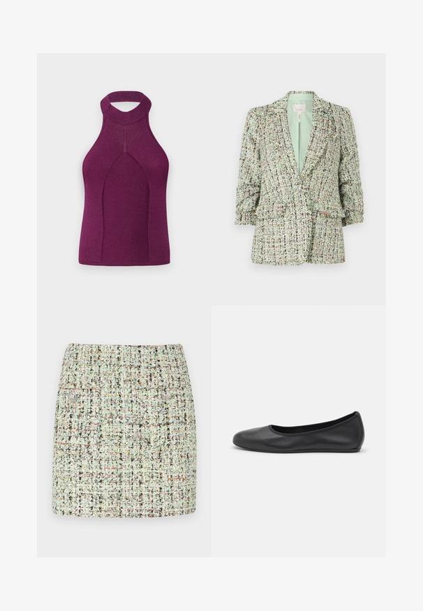 Kootud roheline bleiser, millel on erineva värvusega kiud. Omab kahe nööbiga kinnitust ja kergelt puhvsete varrukatega.; Ribaga kootud korsetisärgi tipptükk tumepunases värvitoonis, millel on kõrge kaelus ja lõhikutega seljaosa. Omab sujuvat disaini, kaldu kuju ja liibuvat siluetti.; Hele roheline lühike tweed seelik, millel on tekstuuriga kangas mitmevärviliste täppidega, kaks eesmist taskut ja hõbedased nupud.; Musthave mustika tantsutossud mustast nahast, ümmarguse varbaga, siledast tekstuurist, minimaalse õmblusdetailiga ja paindliku tallakujundusega.