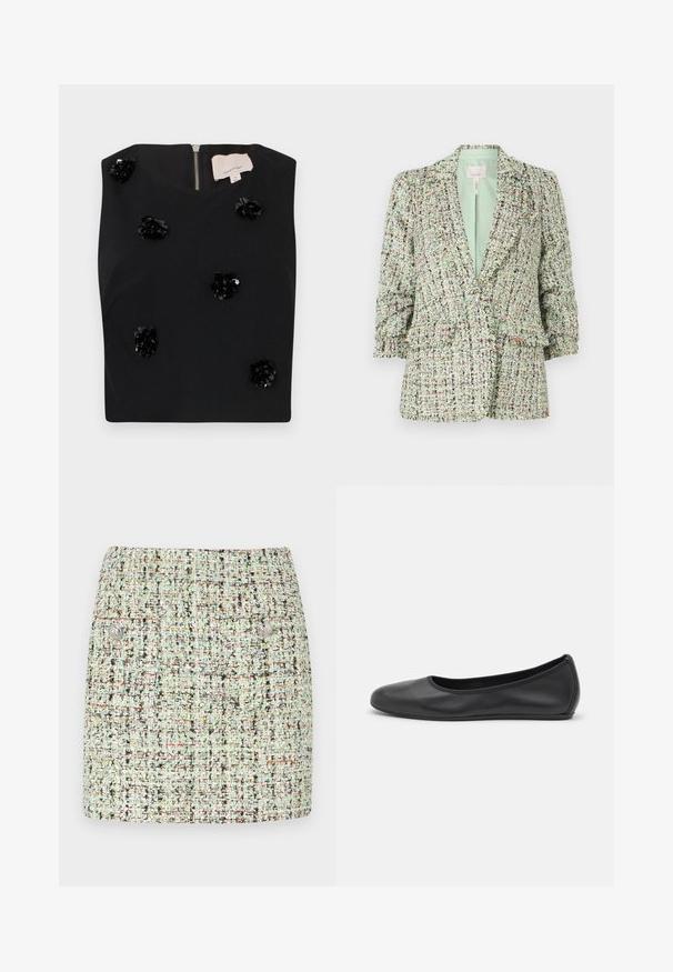Struktureret grøn blazer lavet af vævet stof med flerfarvede prikker. Har en lukning med to knapper og let puffede ærmer.; Sort ærmeløs top med firkantet udskæring, prydet med sølvblomster-applikationer og en lynlås bagpå. Blød stofstruktur. Størrelse small.; Kort tweed nederdel i lysegrøn, fremstillet af et struktureret stof med flerfarvede fnug, to forlommer og sølvknap detaljer.; Sort læderballetsko med rund tå, glat tekstur, minimal syning og et fleksibelt såldesign.