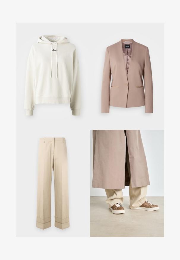 Ružovo-ružový blejzer s klopovým golierom, jedným gombíkom, dvoma prednými vreckami a hladkou saténovou podšívkou. Mäkká, štruktúrovaná tkanina.; Krémová mikina s kapucňou, bavlnený materiál, voľný strih, kapucňa so šnúrkou, rebrované manžety a lem, vyšívané logo na hrudi.; Béžové nohavice s rovný strihom, s dvojitým manžetovým lemom a plochým predným dizajnom. Vyrobené z hladkej, odolnej tkaniny.; Béžový trenčkot cez svetlo béžové široké nohavice. Hnedé tenisky s textúrovaným vzorom a bielymi šnúrkami. Hladká, minimalistická podlaha.