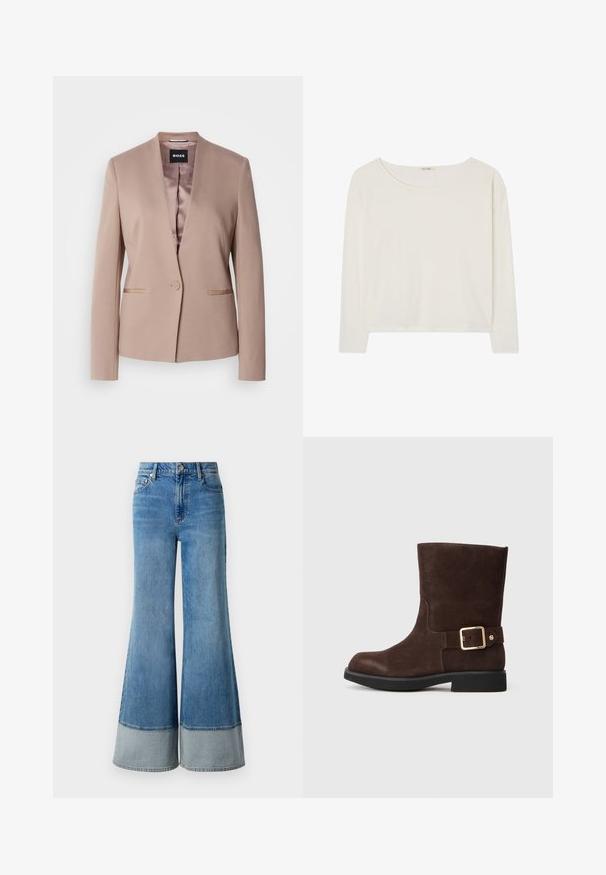 Blazer rosa claro con solapa muesca, cierre de un solo botón, dos bolsillos frontales y un forro de satén suave. Tejido suave y texturizado.; Camiseta blanca de manga larga con un escote redondo, fabricada en algodón ligero y con un corte relajado. Diseño simple sin patrones ni adornos.; Pantalones vaqueros acampanados de color azul claro con una cintura alta, que presentan un dobladillo de mezclilla de contraste, un diseño clásico de cinco bolsillos y un cierre de botón metálico.; Botín de ante marrón hasta el tobillo con punta redondeada, suela negra plana y acento de hebilla dorada en el lateral. Textura suave y diseño simple.
